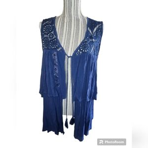 August Silk women's navy blue sleeveless open front crochet design vest size XL